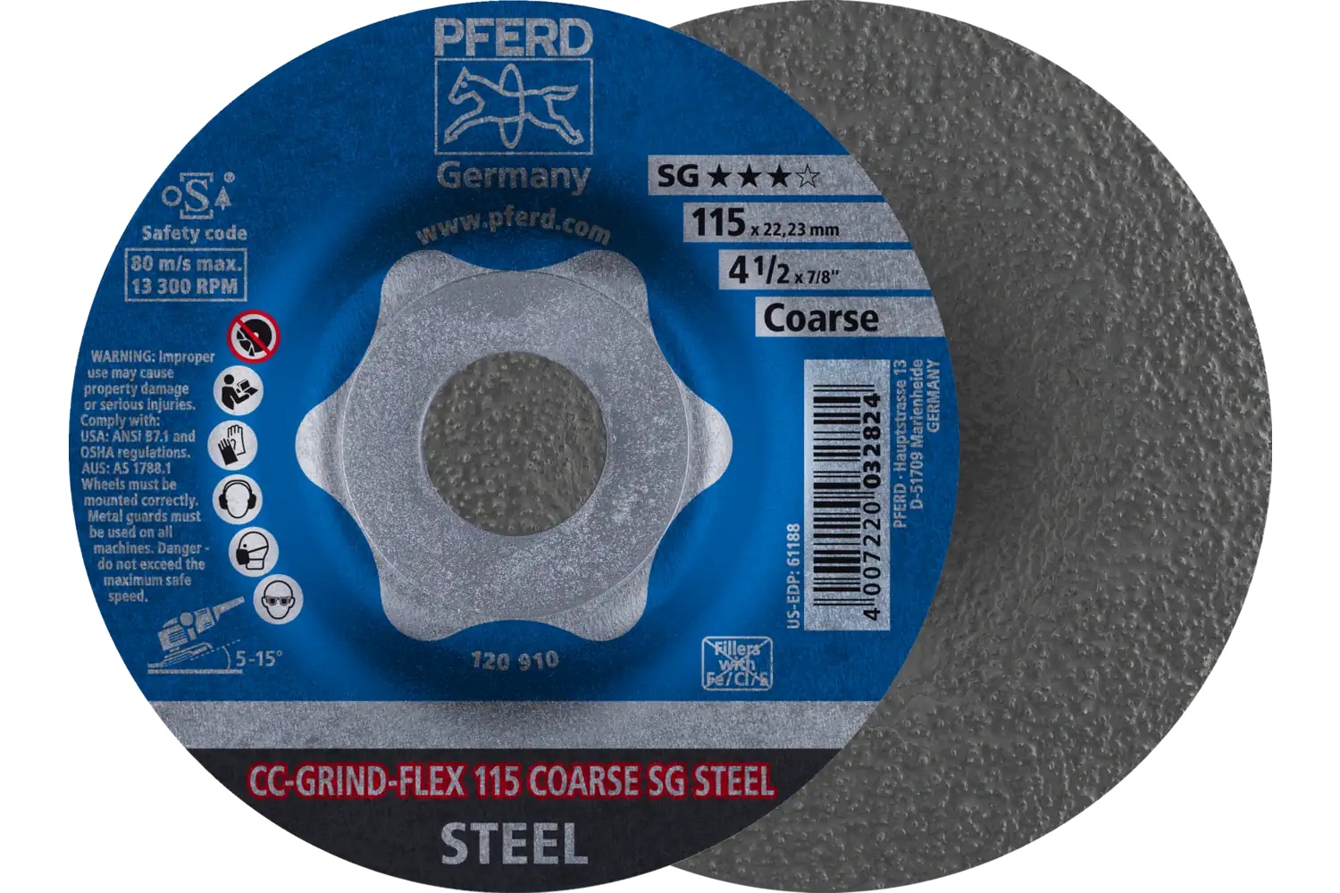 Picture of Pferd Grinding disc, CC-Grind®-Flex, 5" x 7/8, SG Steel, Coarse, Ceramic